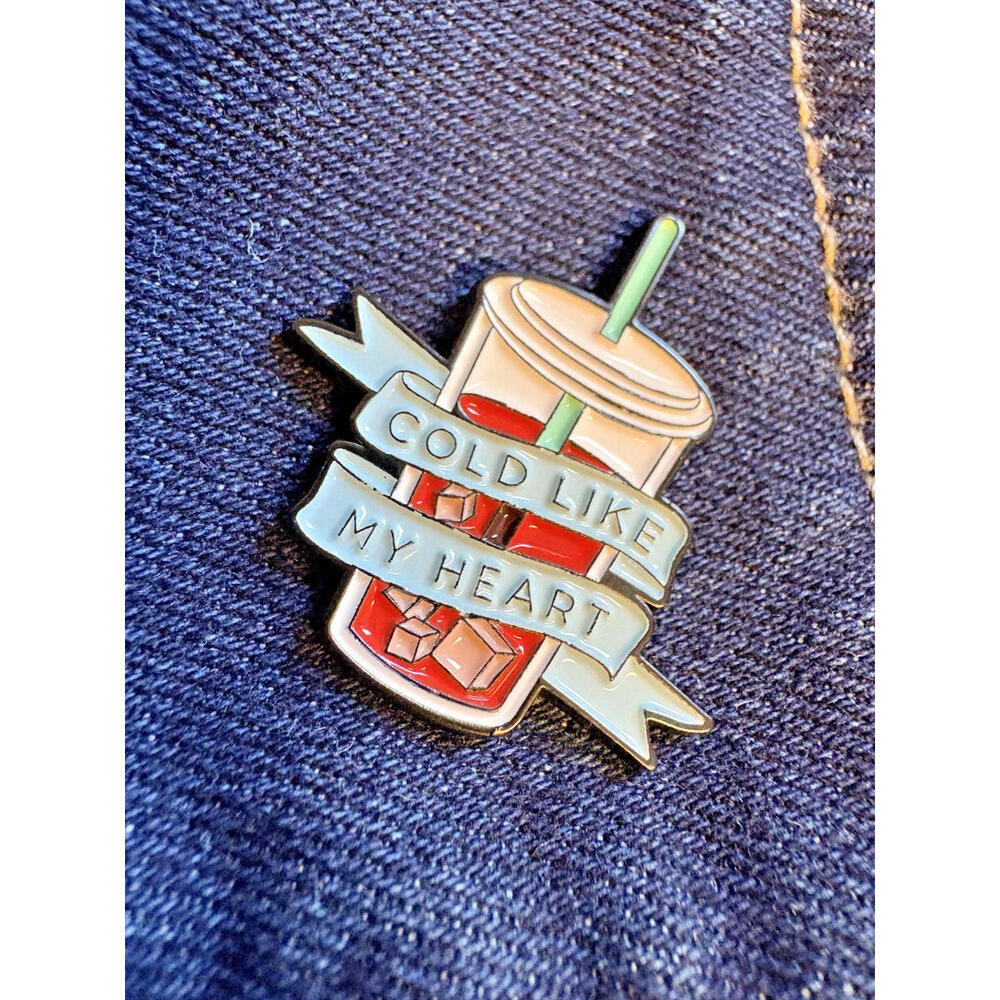 “Cold Like My Heart” Iced Coffee Enamel Pin -Wear Your Caffeine Fashion/Jewelry - Picture 1 of 4